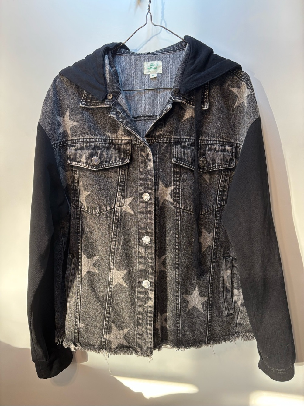 Star-Print Hooded Black Denim Jacket
